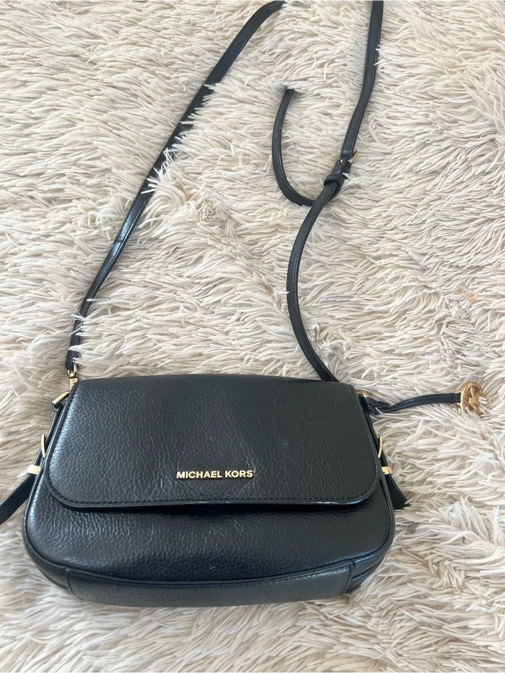 MICHAEL KORS Black Pebbled Leather Flap Crossbody with Gold Hardware